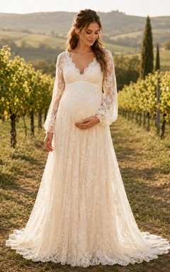 Maternity Lace V Neck Long Sleeve Vineyard Wedding Dress