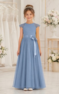 Stahlblaues A-Linien-Tüllkleid für Blumenmädchen mit Schleifenschärpe