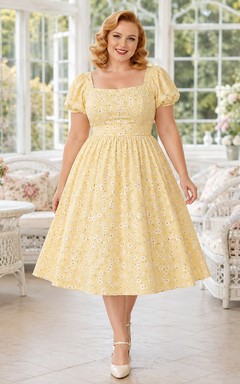 Daffodil Floral Square Neck Puff Sleeve A-Line Tea-Length Vintage Plus-Size Dress