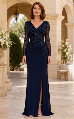Robe sirène bleu marine foncé à manches en dentelle et fente