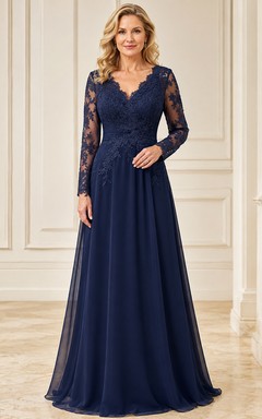 Elegantes, dunkelblaues Mutterkleid mit V-Ausschnitt, Illusionsspitze und langen Ärmeln