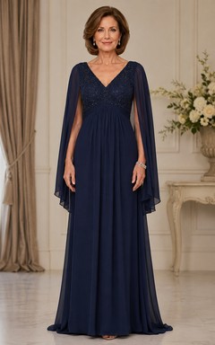 Dark Navy V-neck A-Line Chiffon Cape Sleeve Mother Dress
