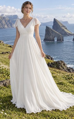 Vestido de novia sencillo de corte A con escote en V, mangas con volantes, corpiño fruncido y cola.