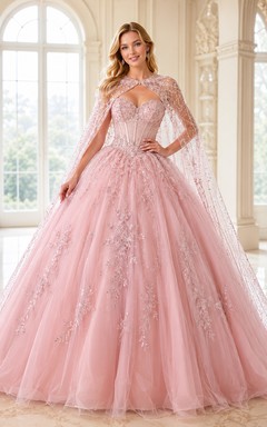 Blushing Pink Luxury Removable Crystal Cape Beaded Tulle Quinceanera Princess Ball Gown
