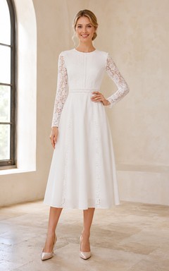 Robe de mariée civile plissée à manches longues en dentelle illusion bateau
