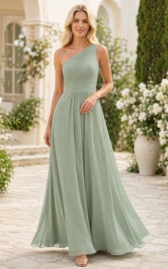 Robe de demoiselle d'honneur plissée, asymétrique, sans manches, en mousseline de soie couleur sauge, coupe trapèze, longueur au sol.