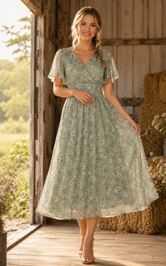 Rustic Barn Sage Lace V-Neck A-Line Tea-Length Short Sleeve Guest Dress