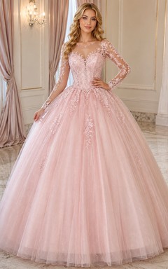Robe de bal de princesse rose poudré, luxueuse, à manches longues, en dentelle illusion et perles, pour les 16 ans.