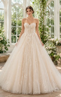 Tüll-Hochzeitskleid, A-Linie, V-Ausschnitt, ärmellos, Kapellenschleppe