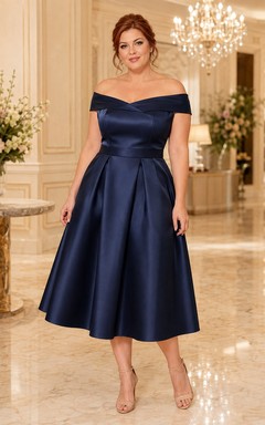 Vestido de cóctel elegante de satén azul marino oscuro, corte en A, largo hasta la rodilla, talla grande.