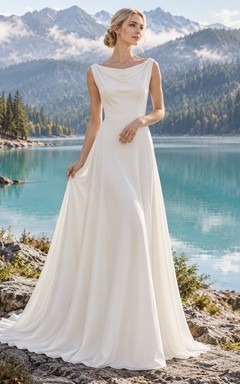 Vestido de novia sencillo sin mangas con escote drapeado y corte en A, con cola.