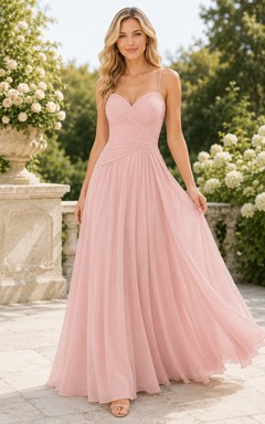 Vestido formal de tul color rosa empolvado con escote corazón y corte en A
