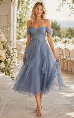 Slate Blue Off Shoulder Layered Organza Midi Guest Dress
