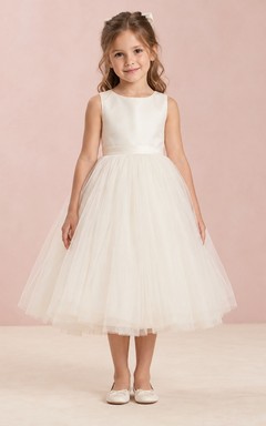 Simple Modest Tea-length Ivory Sleeveless A-line Satin Tulle Bow Flower Girl Dress