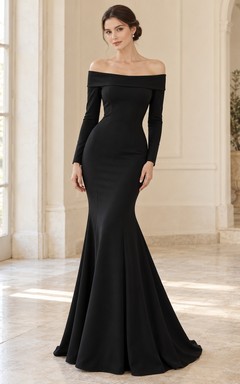 Robe de soirée sirène noire simple à manches longues et épaules dénudées, longueur au sol