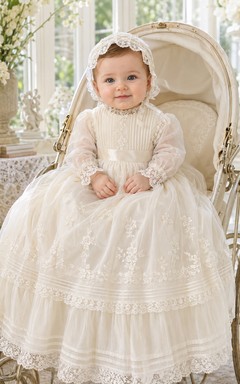 Vintage Modest Baby Baptism Christening Ceremony Dress A-Line Tea-Length High Neck Long Sleeve Tulle Lace Bow Back Ruffle Trim Button Back