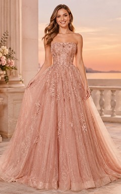 Dusty Rose Prom Ball Gown Glitter Tulle Strapless Applique Sweep Train Luxury