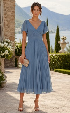Steel Blue Pleated Chiffon Tea-Length Dress