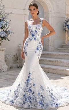 Himmelblaues, besticktes Meerjungfrauen-Brautkleid mit eckigem Ausschnitt, ärmellos, aus Spitze