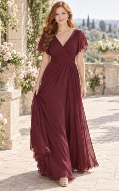 Elegante vestido de dama de honor de gasa color burdeos con escote en V, manga corta y corte asimétrico.