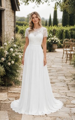 Vestido de novia blanco de gasa con encaje y mangas cortas, corte en A
