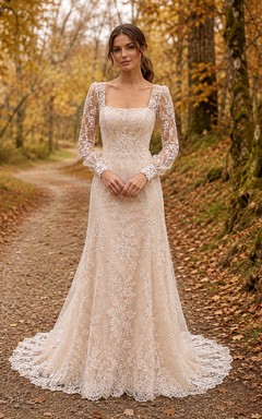 Vestido de encaje de manga larga con escote redondo para fuga romántica en el bosque, ideal para otoño.