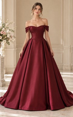 Robe de bal bordeaux simple en satin plissé à épaules dénudées et traîne.