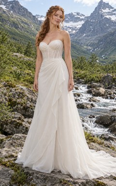 Vestido de novia moderno sin tirantes de organza con escote corazón, corte en A, corpiño ilusión y drapeado lateral.