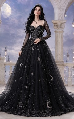 Vestido de novia negro romántico de manga larga con escote corazón y apliques de tul.