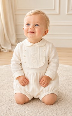 White Embroidered Bib Long Sleeve Peter Collar Baptism Bubble for Baby Boy