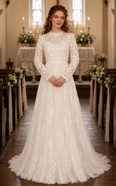 Robe de mariée modeste à col montant en dentelle et manches longues, style chapelle