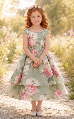 Groß geschnittenes, salbeigrünes Blumenmädchenkleid mit Blumenmuster, kurzen Ärmeln, gestuftem A-Linien-Rock, natürlicher Taille und Teelänge