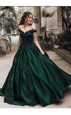 A-Line Ball Gown Satin Lace Off-the-shoulder Short Sleeve Zipper Dress