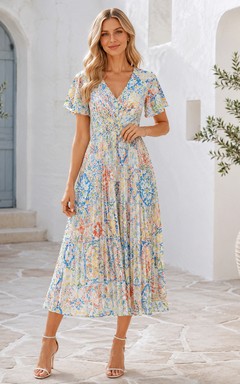 Vestido midi plisado con escote en V y mangas con volantes en mosaico pastel