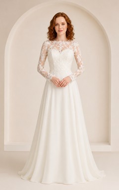 Simple Long Sleeve Lace Bateau A-Line Studio Bridal Gown