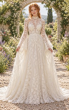 Boho High Neck Bell Sleeve Floral A-Line Wedding Dress