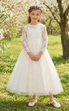 Langärmeliges Kleid aus Spitze und Tüll, ideal für Kommunion, Blumenmädchen und in Teelänge