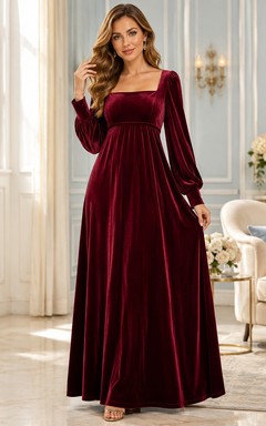 Burgundy Velvet Off-the-shoulder Long Sleeve A-Line Evening Gown