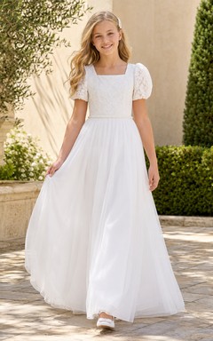 Vestido de comunión para preadolescentes, largo hasta el suelo, con cuello cuadrado, mangas abullonadas de encaje y escote cuadrado.