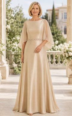 Champagne Modest Bateau Satin A-Line Floor-Length Mother of the Bride Gown with Cape Sleeves and Beaded Waist