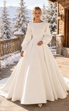 Robe de mariée d'hiver modeste, style bateau, manches bouffantes, en satin, avec traîne chapelle