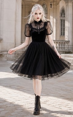 Black Vintage Jewel Neck Puff Sleeve Tulle A-Line Knee-Length Casual Cocktail Dress