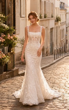 Vestido de novia de encaje estilo sirena con tirantes finos, cola larga y espalda en V baja.