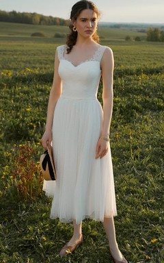 Robe de mariée vintage en tulle, longueur thé, sans manches, coupe trapèze, boutons et plis