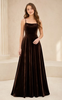 Schokoladenbraunes Brautjungfernkleid, A-Linie, Spaghettiträger, ärmellos, Samt, Schleife, elegant