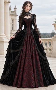 Robe gothique victorienne noire à col montant et manches longues en dentelle drapée