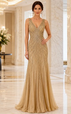Vestido de noche largo hasta el suelo, de lujo, color dorado, con escote en V profundo, tirantes anchos, lentejuelas y abalorios.