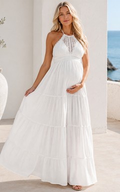 Vestido de maternidad largo hasta el suelo, sin mangas, de gasa blanca con escote halter y corte en A