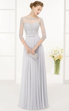 Vestido de fiesta largo hasta el suelo, de gasa, con escote joya, mangas tres cuartos y escote en V, con detalles de cuentas y corte en A.