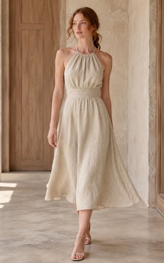 Beige Linen Halter High Neck Belted A Line Midi Dress